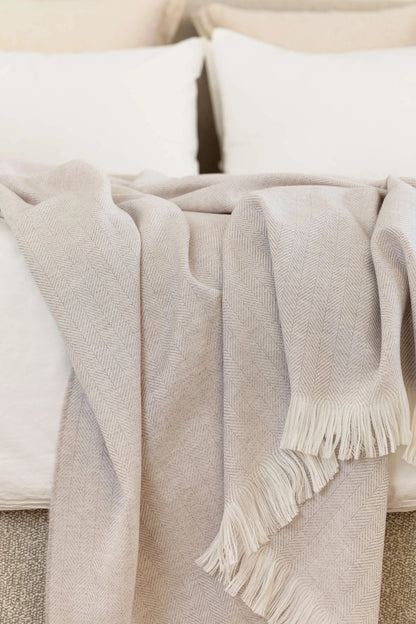 2025 Johnstons of Elgin Interiors Collection Silver Birch & White Herringbone Merino Bed Throw detail WD001115RU5856ONE