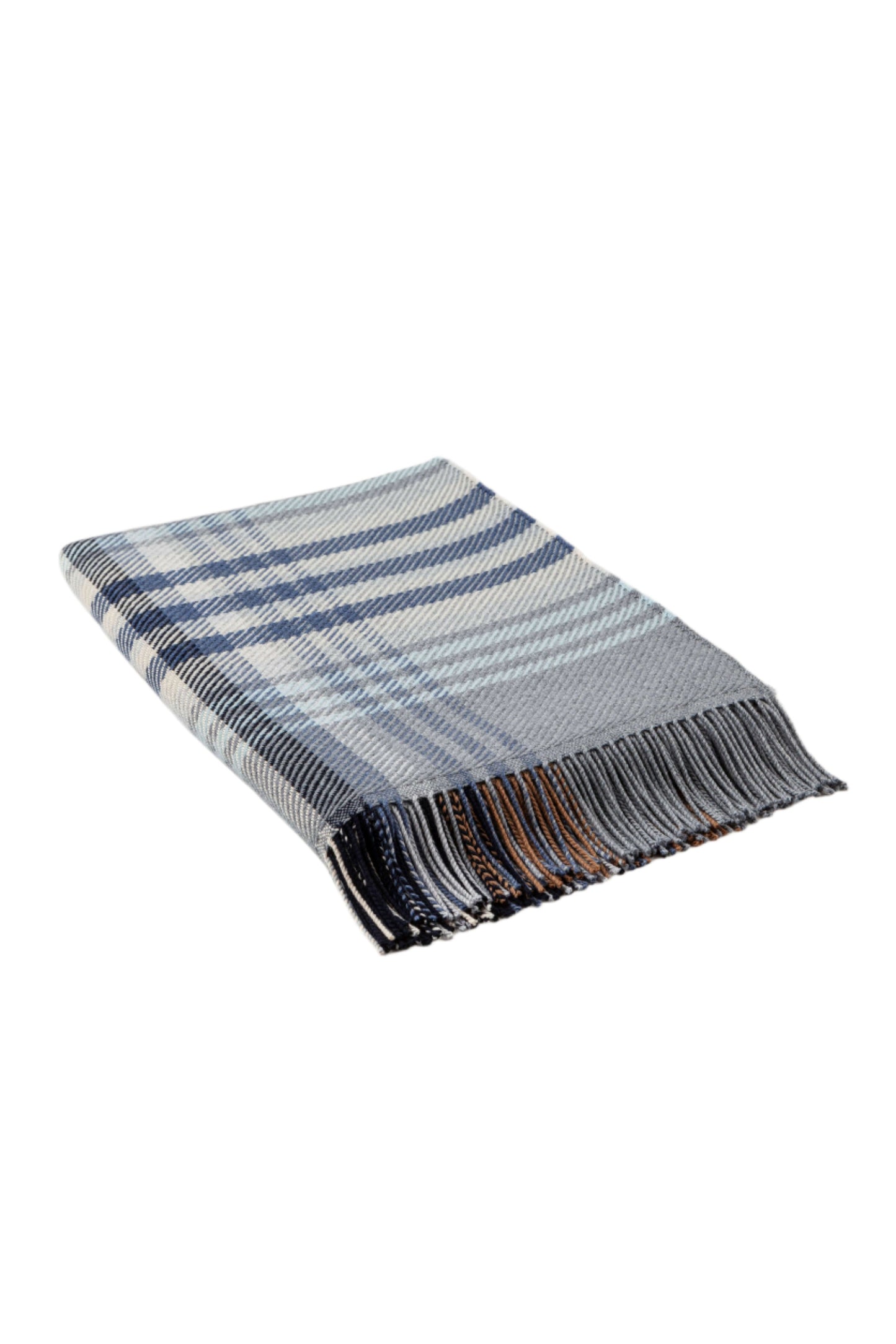 Johnstons of Elgin’s Blue & Grey Lofty Check Merino Throw on brown chair on a grey background WD001221RU6979ONE