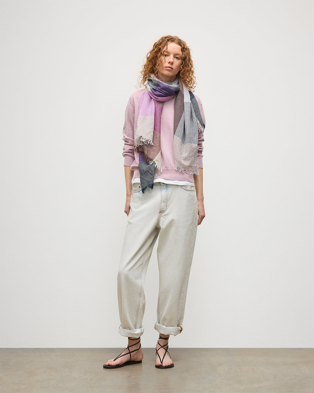 JOHNSTONS OF ELGIN ETHIE BLOCK CHECK SCARF NATURAL & PINK 100% WOOL WD001986RU7718ONE