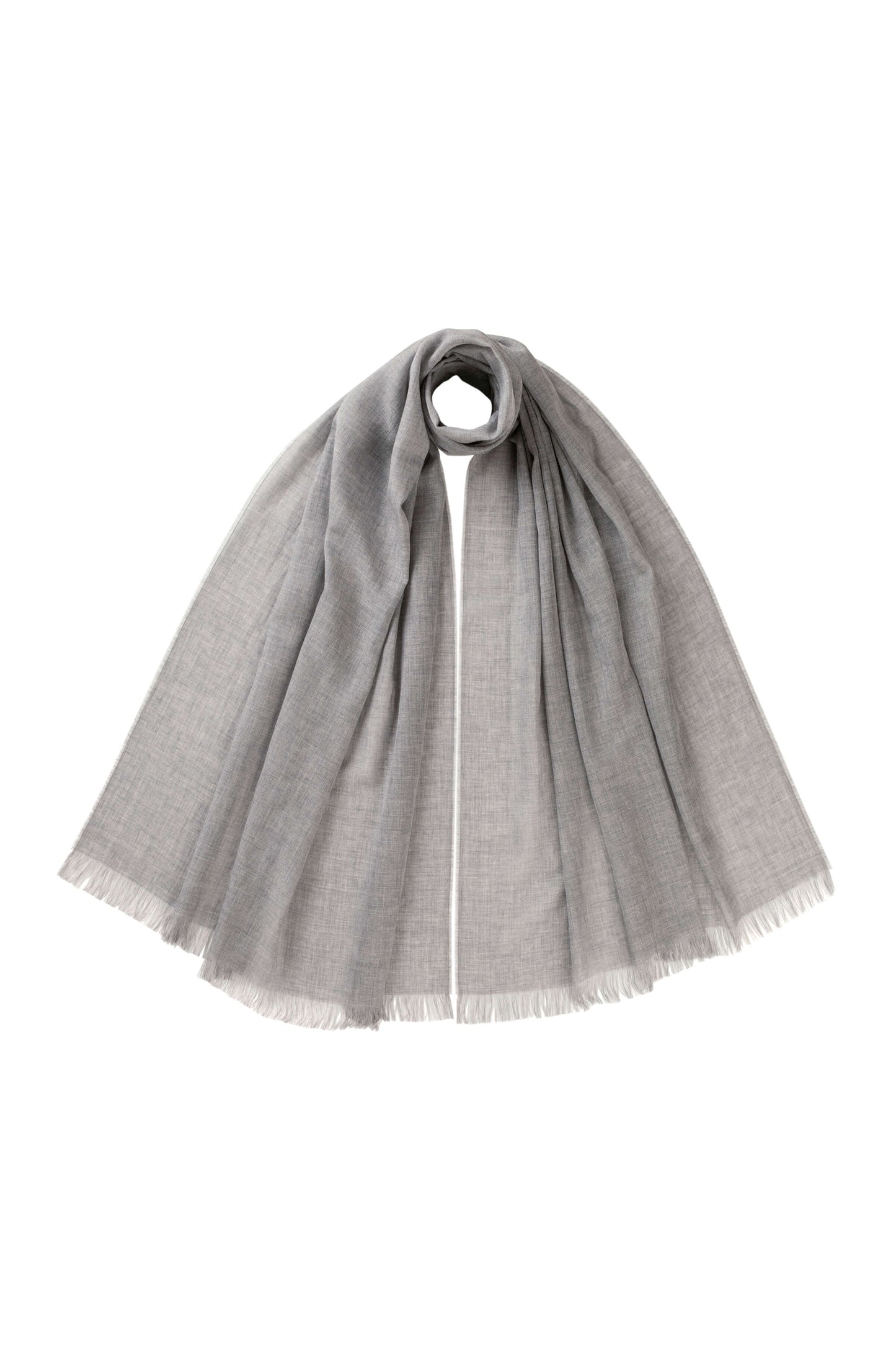 Johnstons of Elgin Lightweight Merino Wool Scarf in Silver grey shown on white background WD001093HA2051ONE