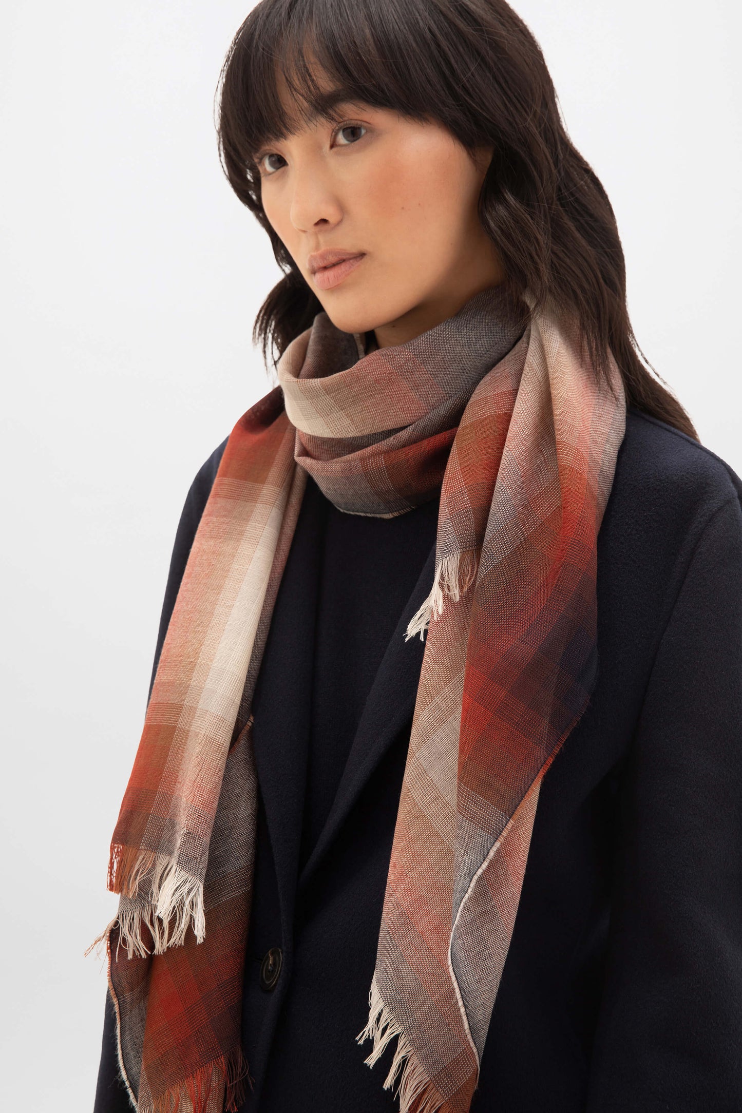 Johnstons of Elgin SS24 Accessories Navy Ombré Check Lightweight Merino Scarf WD001093RU7411ONE