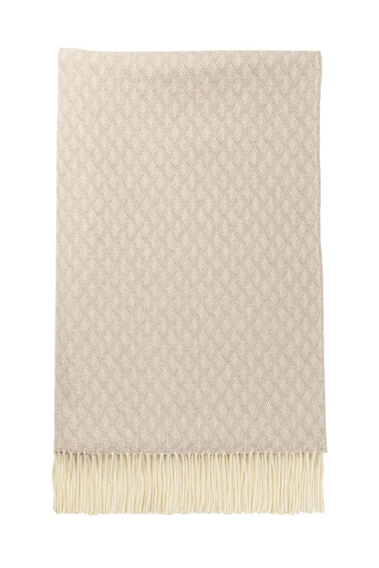 Johnstons of Elgin’s Lattice Weave Merino Bed Throw in Light Taupe & White on white background WD001243RU7268ONE