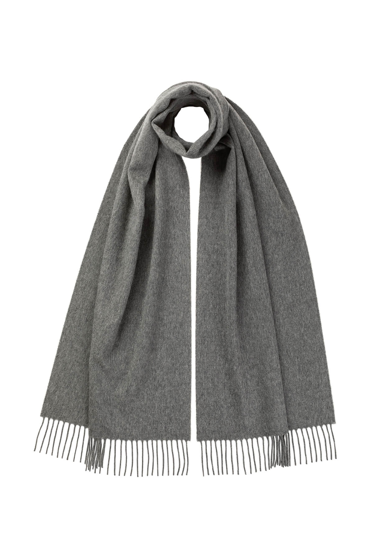 Johnstons of Elgin Ultrafine Merino Wool Scarf in Grey on a white background WDC01797HA0200ONE
