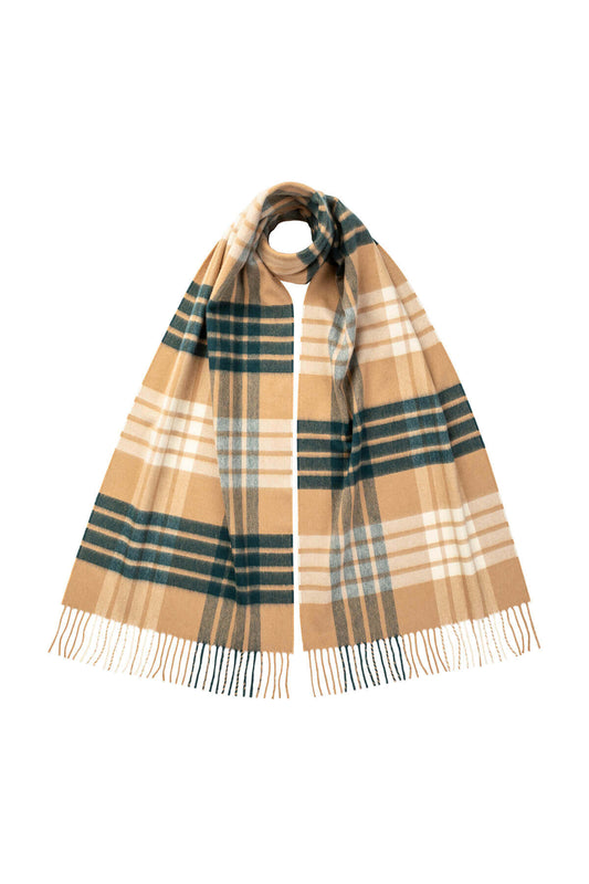 Johnstons of Elgin Simple Check Merino Wool Scarf in Camel on a white background WDC01797RU7360ONE