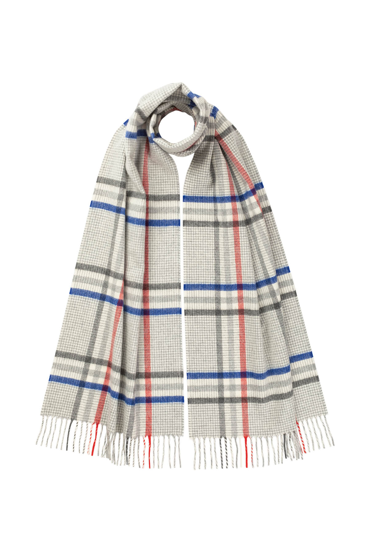 Johnstons of Elgin Houndstooth Check Merino Wool Scarf in Light Grey on a white background WDC01797RU7361ONE