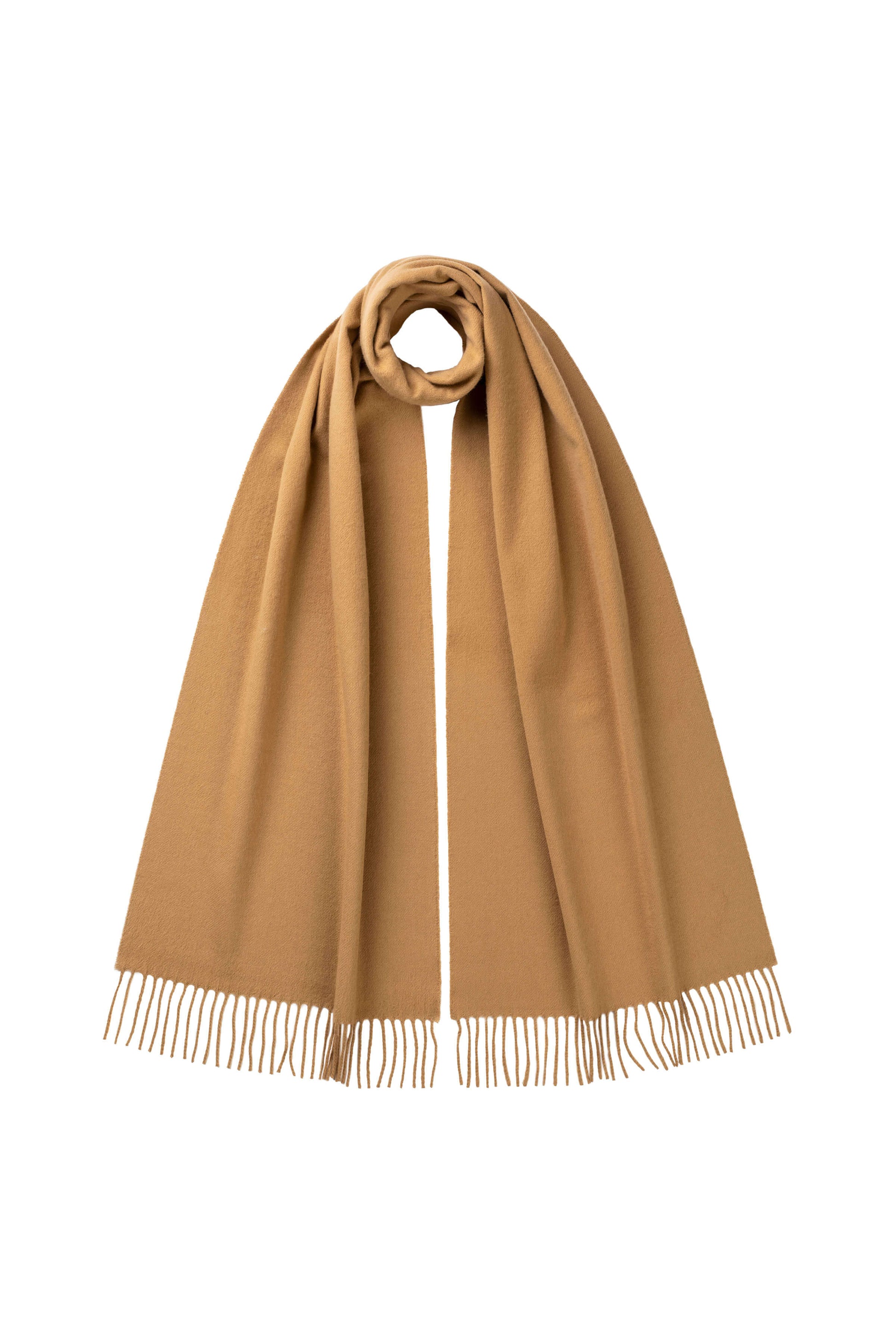 Johnstons of Elgin Ultrafine Merino Scarf in Camel on a white background WDC01797HB4315ONE