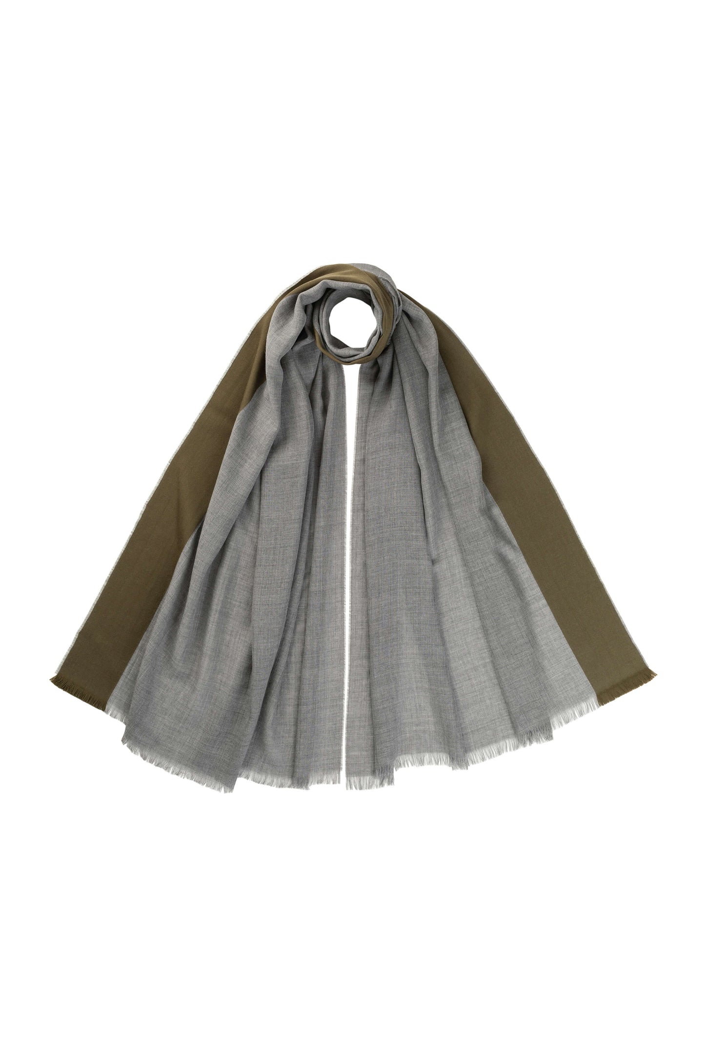 Johnstons of Elgin AW24 Woven Accessory Grey & Olive Merino Ribbon Edge Scarf WD001799RU7530ONE