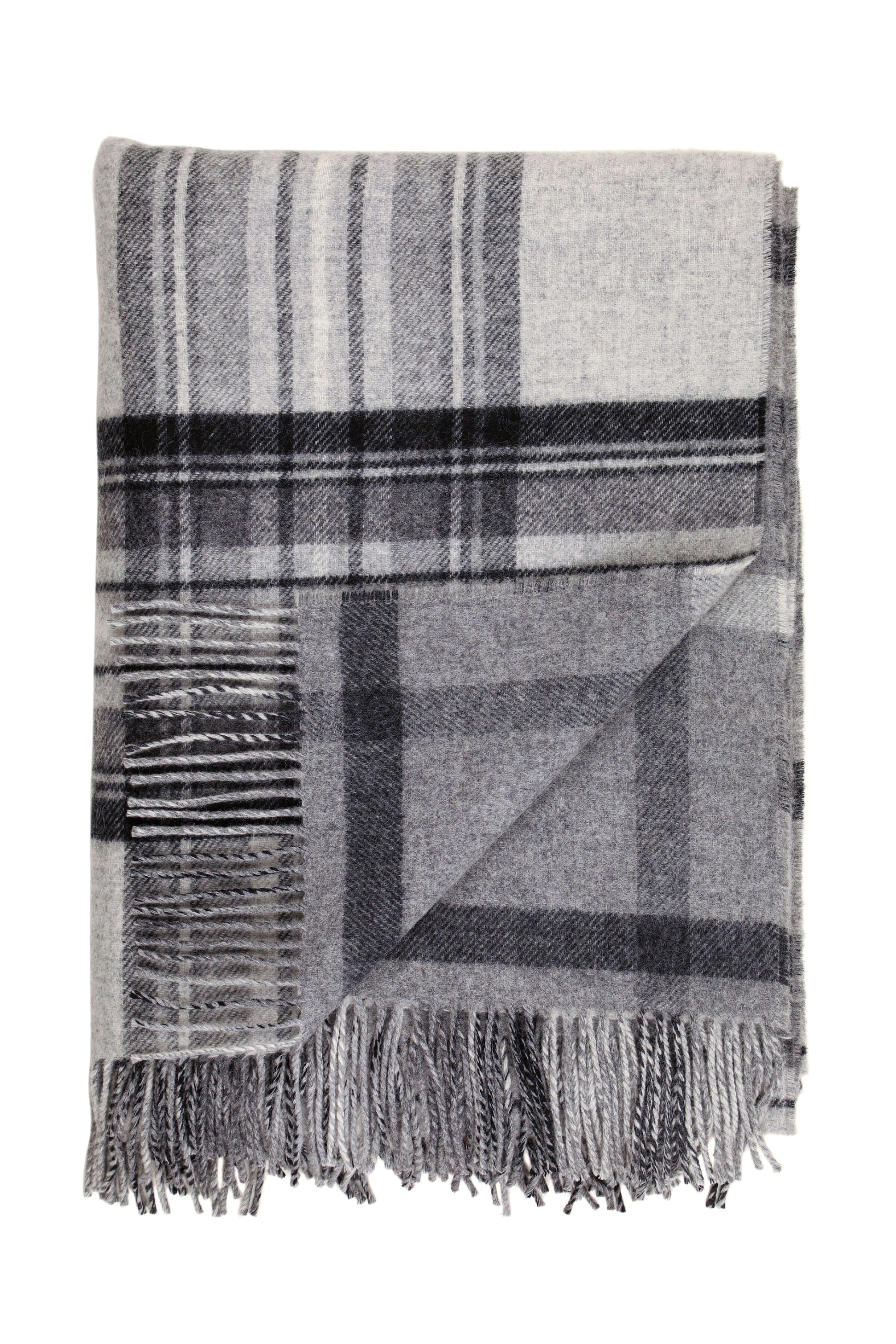 Johnstons of Elgin’s Double Face Grey Stewart & Windowpane Check Lambswool Throw on a white  background WD000021RU6624N/A