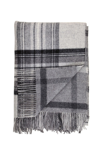 Johnstons of Elgin’s Double Face Grey Stewart & Windowpane Check Lambswool Throw on a white  background WD000021RU6624N/A