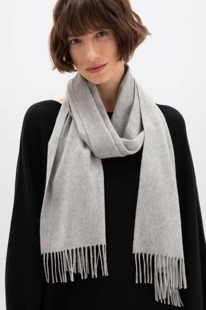 Johnstons of Elgin Ultrafine Merino Wool Scarf in Grey on a white background WDC01797HA0200ONE