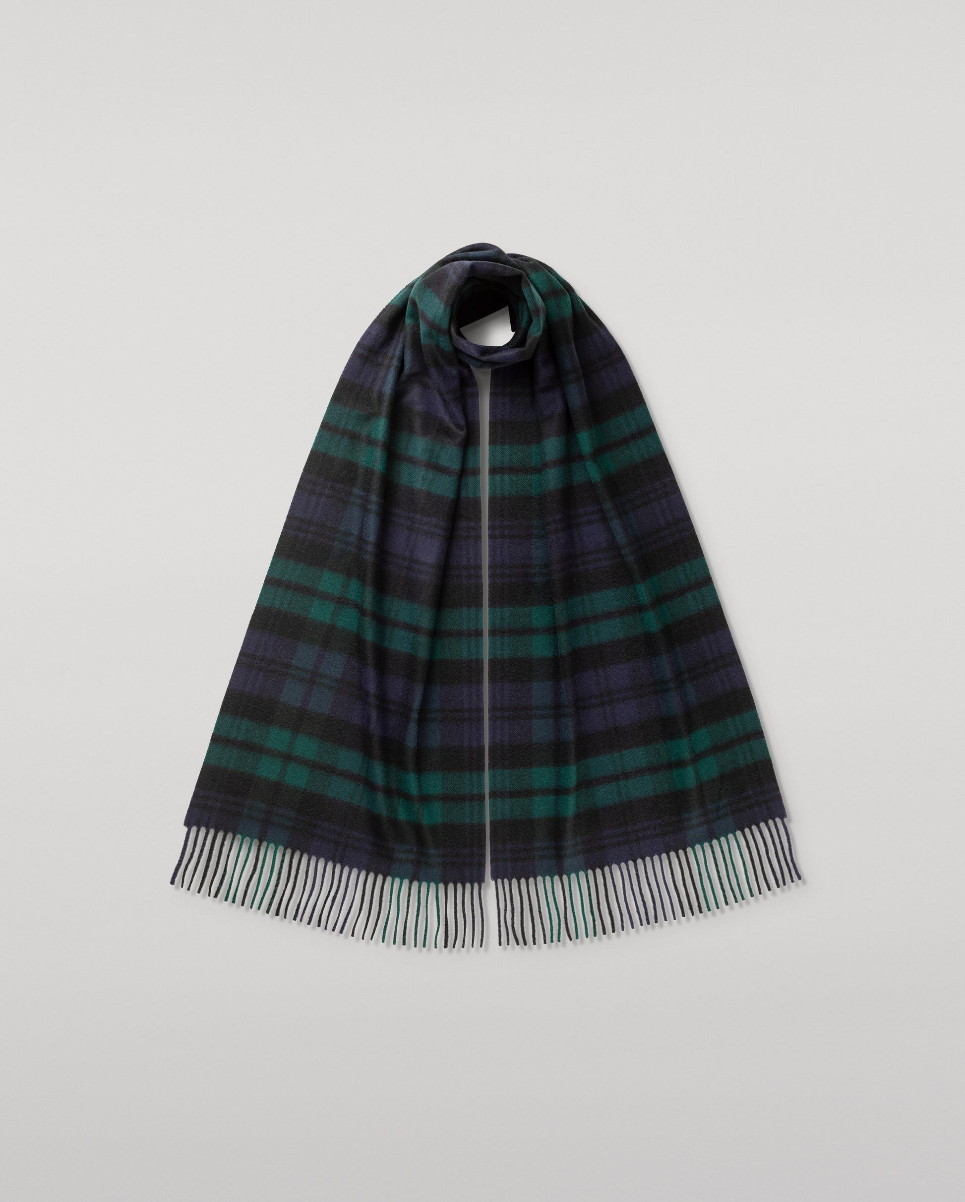 Johnstons of Elgin Ultrafine Merino Tartan Scarf in Black Watch on a white background WDC01797KU0317ONE