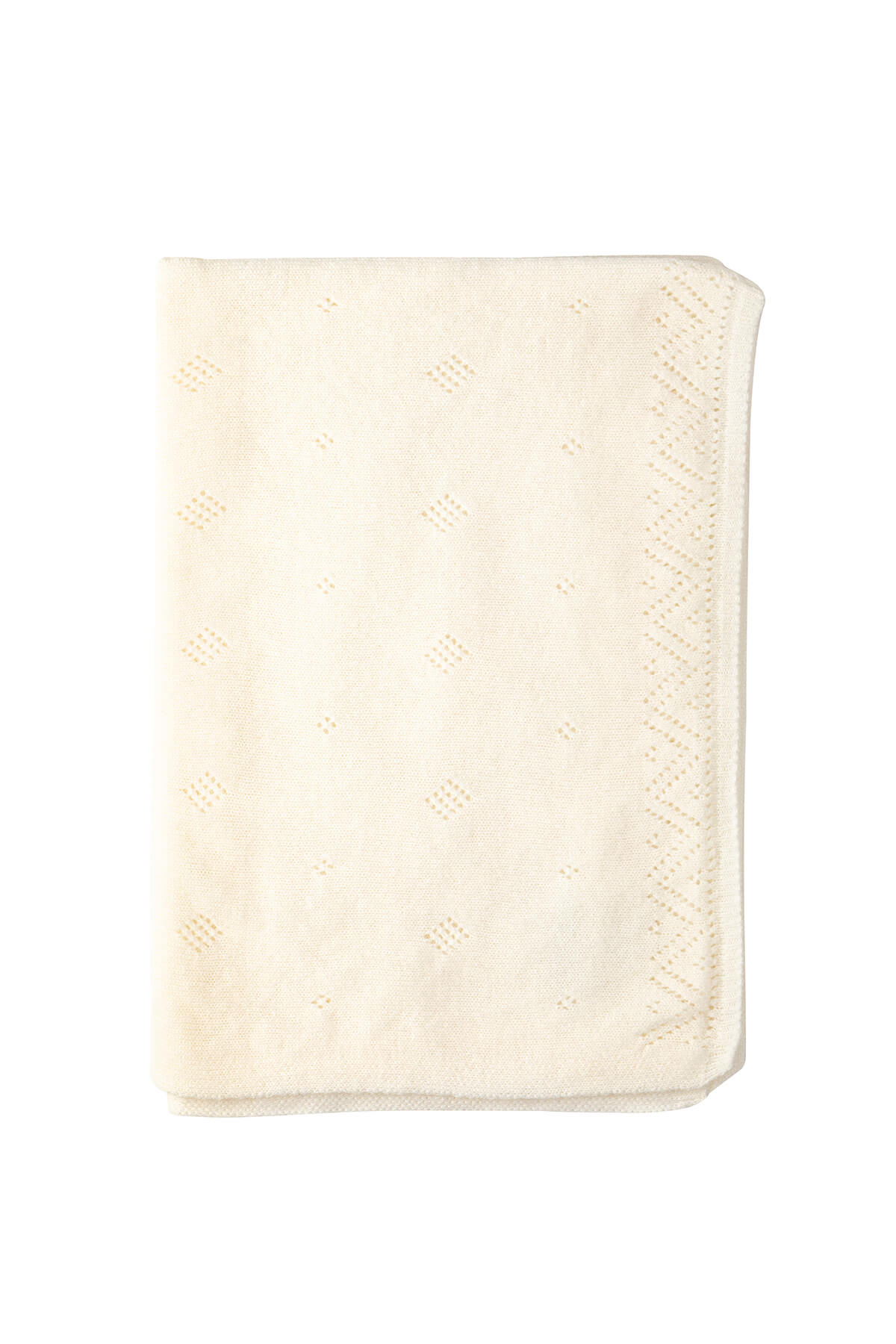 Johnstons of Elgin Gauzy Knit Cashmere Baby Blanket with Pointelle Details in Ecru on white background HAA019042276ONE