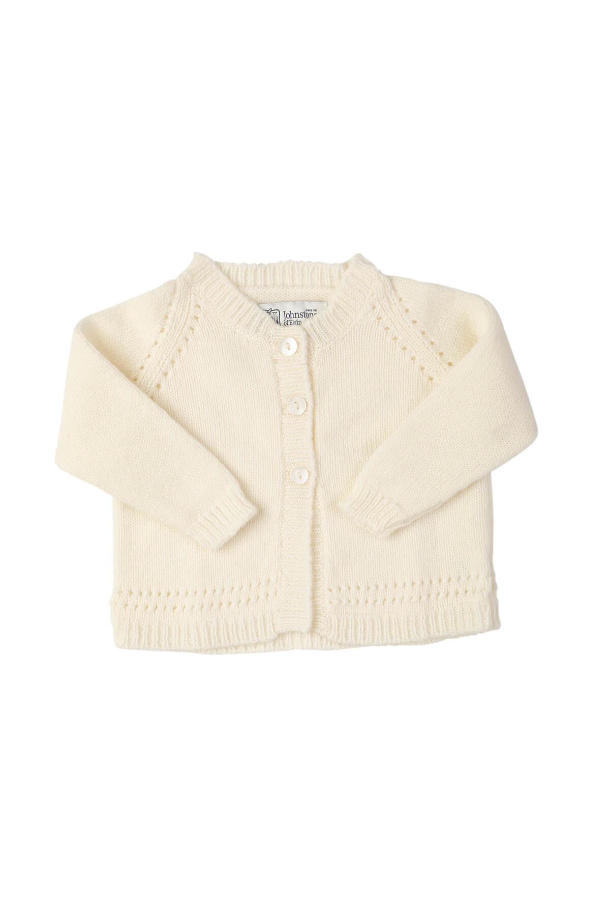Johnstons of Elgin Hand Knitted Cashmere Baby Cardigan in Ecru on a white background 30193SA0132