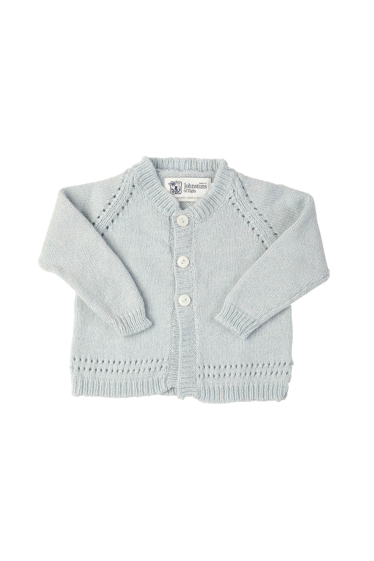 Johnstons of Elgin’s Baby's 1st Cashmere Cardigan in Powder Blue on a white background AW21GIFTSET19C