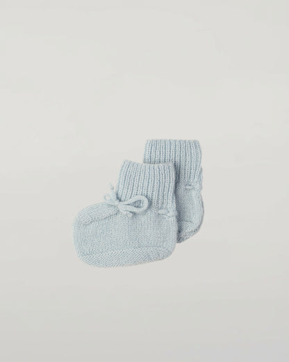 Johnstons of Elgin Hand Knitted Cashmere Baby Booties in Powder Blue on white background JA000114SD0167ONE