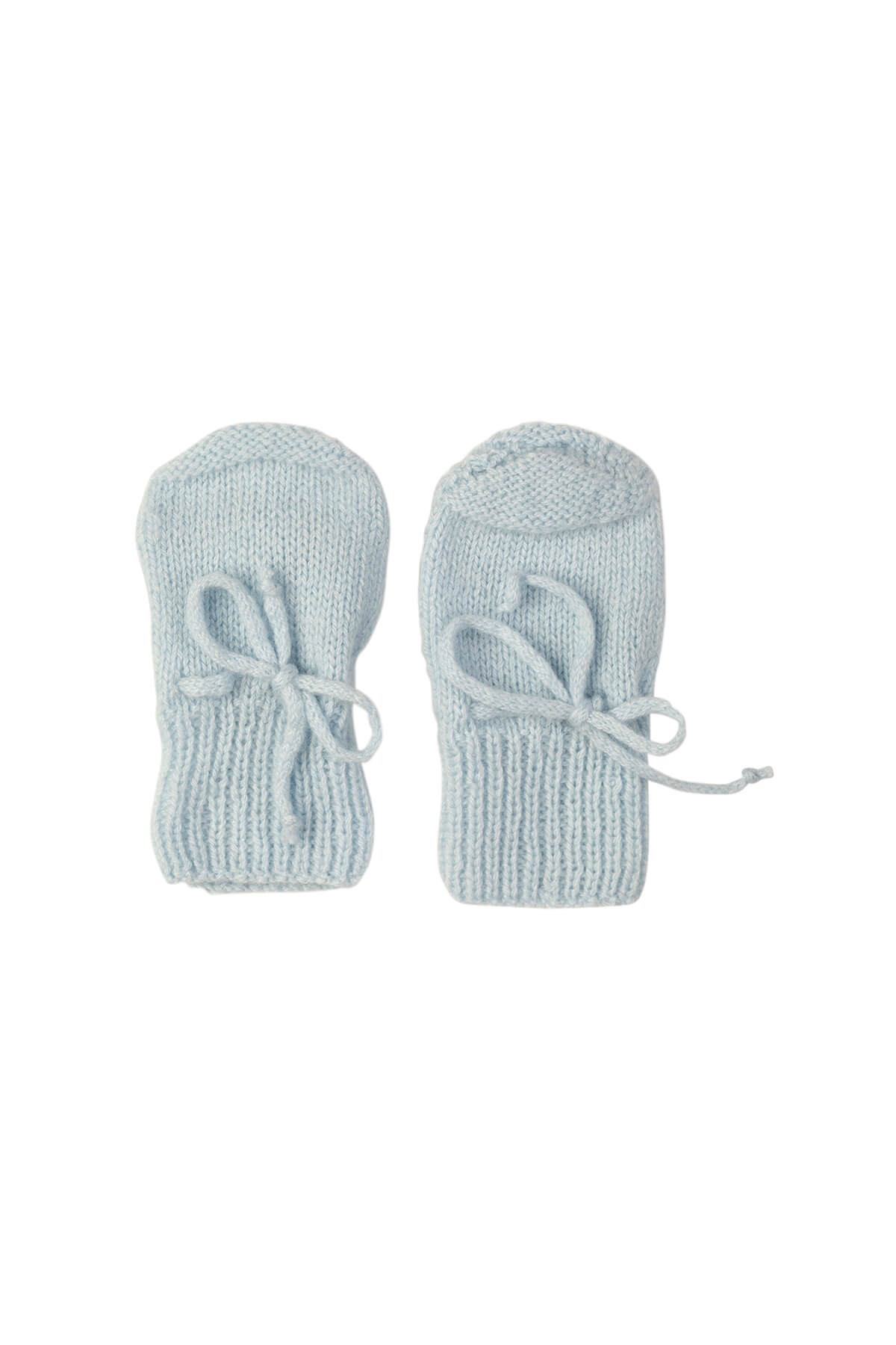 Johnstons of Elgin Hand Knitted Cashmere Baby Mittens in Powder Blue on white background 617102809ONE