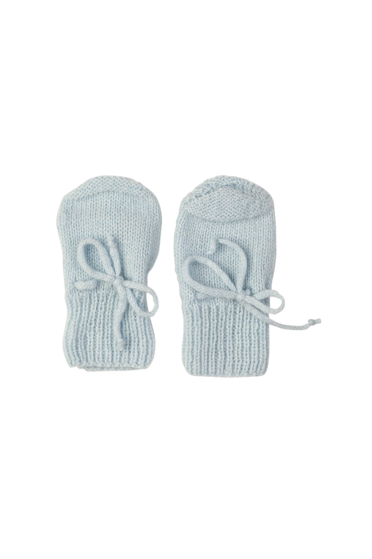 Johnstons of Elgin Hand Knitted Cashmere Baby Mittens in Powder Blue on white background JA000108SD0167ONE