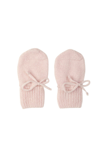 Johnstons of Elgin Hand Knitted Cashmere Baby Mittens in Blush on white background JA000108SE0208ONE