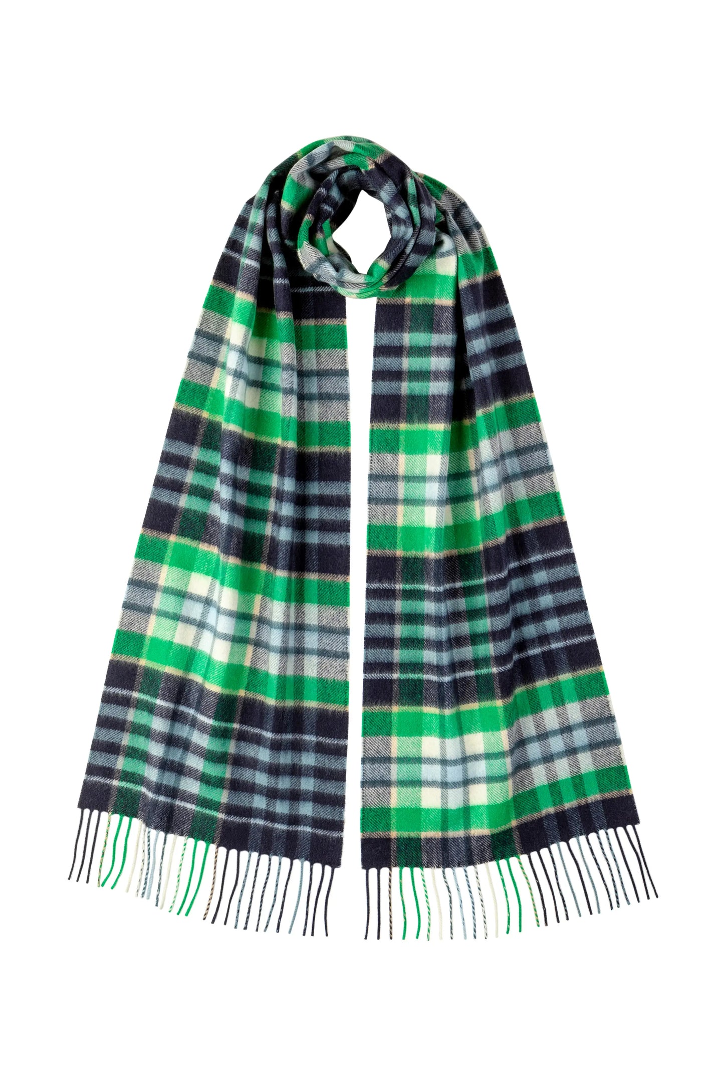 Johnstons of Elgin Cashmere Scarf in Navy & Green Check on a white background WA000016RU6400N/A