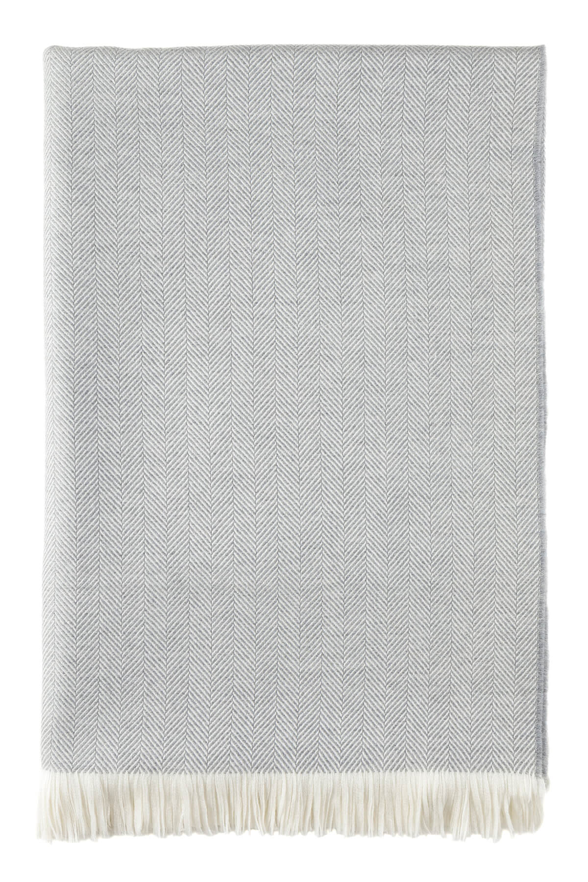 Johnstons of Elgin’s Herringbone Merino Bed Throw in Silver Birch & White on white background WD001115RU5857ONE